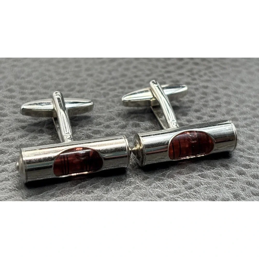 Pink Bubble Level Silver Tone Cylindrical Cufflinks Handyman